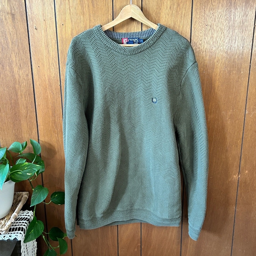 Chaps‎ Ralph Lauren Mens Green Chevron Knit Sweater Pullover Size L Heritage